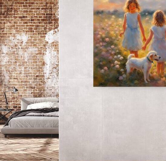  petites filles dans un champt de fleurs sauvage avec un chien au lever du soleil  Impressionism style by AIGALLERY