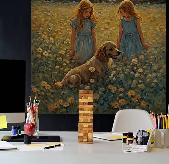  petites filles dans un champt de fleurs sauvage avec un chien au lever du soleil  Van Gogh style by AIGALLERY