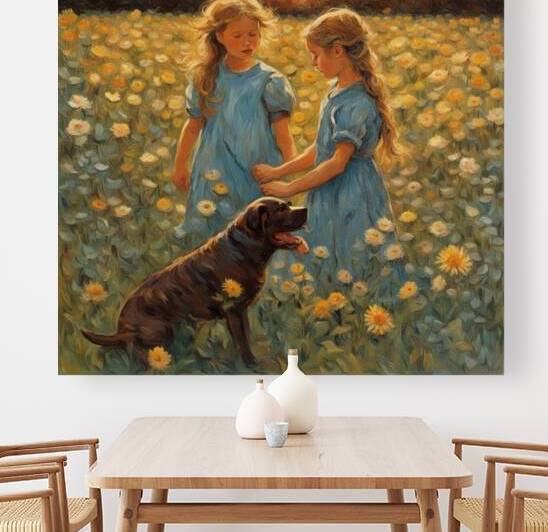  petites filles dans un champt de fleurs sauvage avec un chien au lever du soleil  Van Gogh style by AIGALLERY