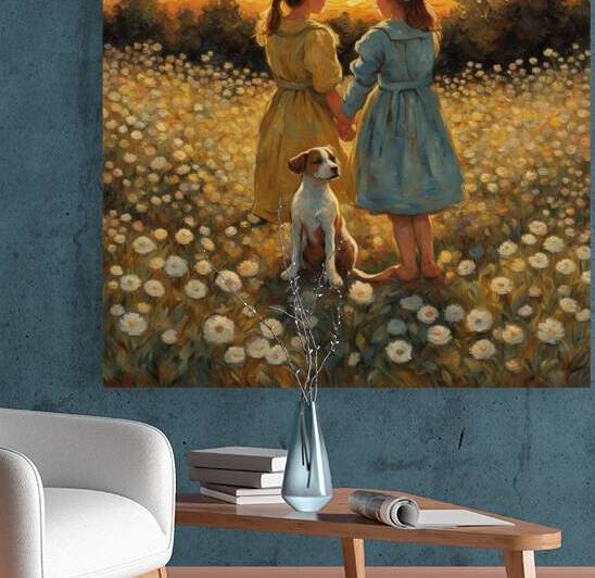  petites filles dans un champt de fleurs sauvage avec un chien au lever du soleil  Van Gogh style by AIGALLERY
