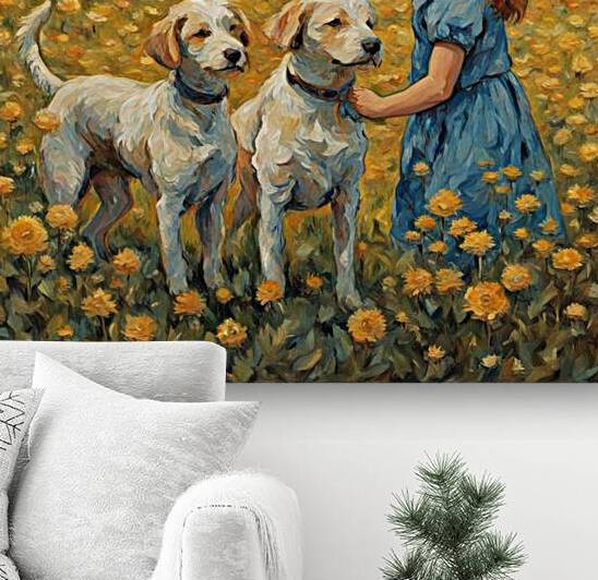  petites filles dans un champt de fleurs sauvage avec un chien au lever du soleil  Van Gogh style by AIGALLERY