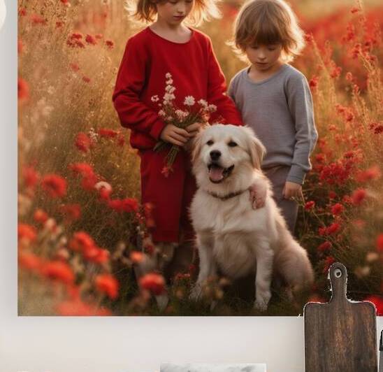  des enfants filettes et garçons  dans un champt de fleurs sauvage rouge avec un chien a golden hour by AIGALLERY