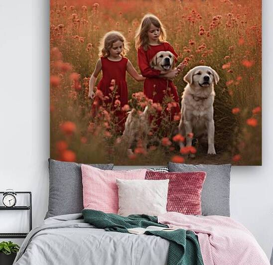  des enfants filettes et garçons  dans un champt de fleurs sauvage rouge avec un chien a golden hour by AIGALLERY