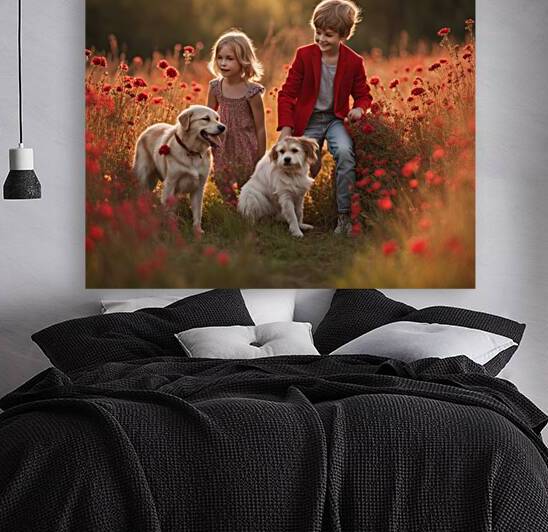  des enfants filettes et garçons  dans un champt de fleurs sauvage rouge avec un chien a golden hour by AIGALLERY