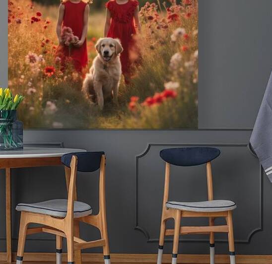  des enfants filettes et garçons  dans un champt de fleurs sauvage rouge avec un chien a golden hour by AIGALLERY