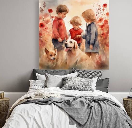  des enfants filettes et garçons  dans un champt de fleurs sauvage rouge avec un chien a golden hour Watercolor style by AIGALLERY