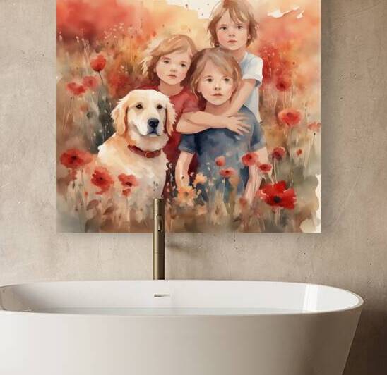 des enfants filettes et garçons  dans un champt de fleurs sauvage rouge avec un chien a golden hour Watercolor style by AIGALLERY
