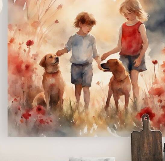  des enfants filettes et garçons  dans un champt de fleurs sauvage rouge avec un chien a golden hour Watercolor style by AIGALLERY
