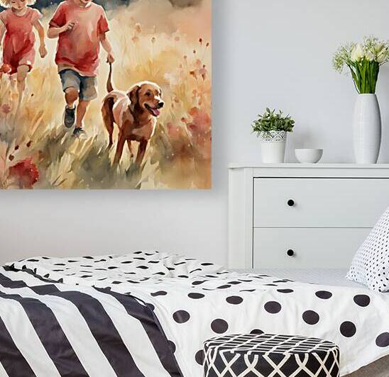  des enfants filettes et garçons  dans un champt de fleurs sauvage rouge avec un chien a golden hour Watercolor style by AIGALLERY