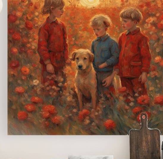  des enfants filettes et garçons  dans un champt de fleurs sauvage rouge avec un chien a golden hour Van Gogh style by AIGALLERY