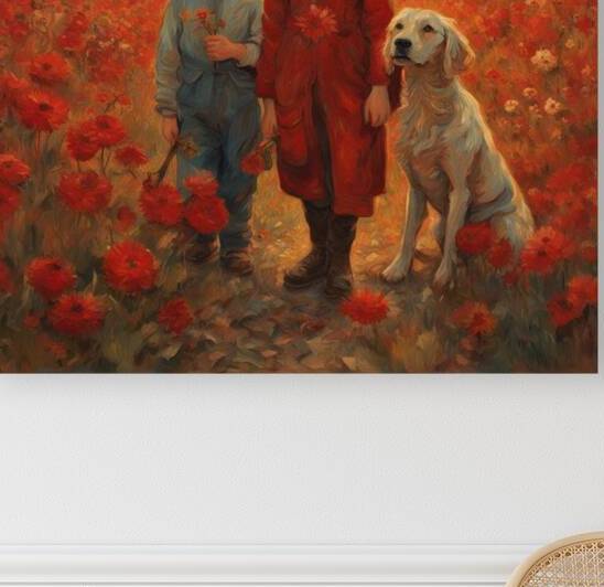  des enfants filettes et garçons  dans un champt de fleurs sauvage rouge avec un chien a golden hour Van Gogh style by AIGALLERY