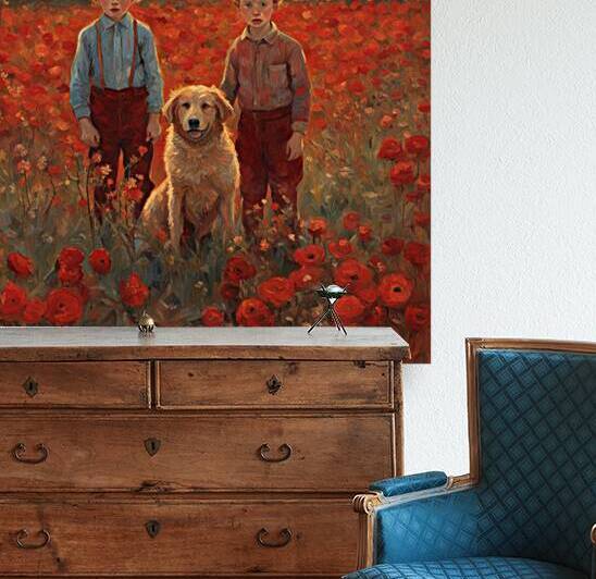  des enfants filettes et garçons  dans un champt de fleurs sauvage rouge avec un chien a golden hour Van Gogh style by AIGALLERY