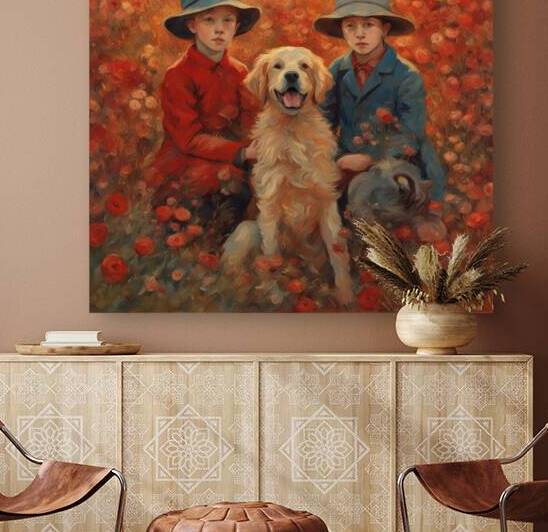  des enfants filettes et garçons  dans un champt de fleurs sauvage rouge avec un chien a golden hour Van Gogh style by AIGALLERY