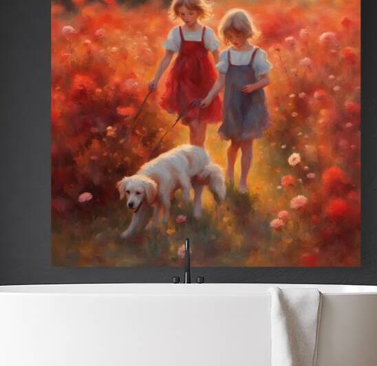  des enfants filettes et garçons  dans un champt de fleurs sauvage rouge avec un chien a golden hour Impressionism style by AIGALLERY