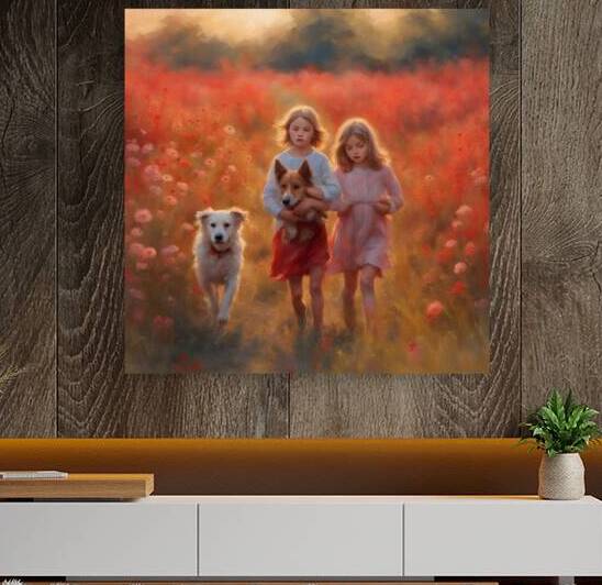  des enfants filettes et garçons  dans un champt de fleurs sauvage rouge avec un chien a golden hour Impressionism style by AIGALLERY