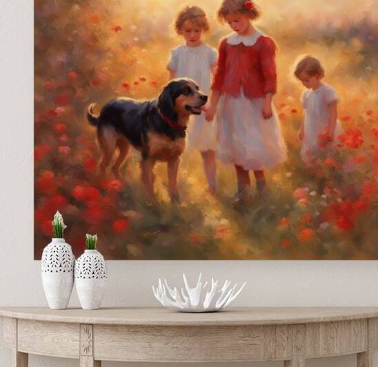  des enfants filettes et garçons  dans un champt de fleurs sauvage rouge avec un chien a golden hour Impressionism style by AIGALLERY