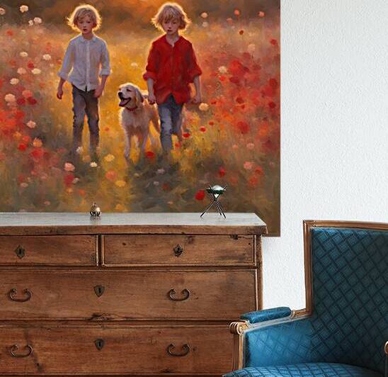  des enfants filettes et garçons  dans un champt de fleurs sauvage rouge avec un chien a golden hour Impressionism style by AIGALLERY