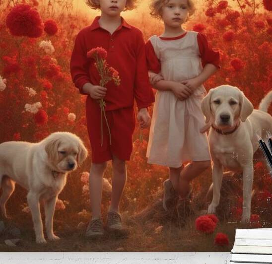  des enfants filettes et garçons  dans un champt de fleurs sauvage rouge avec un chien a golden hour Dali style by AIGALLERY