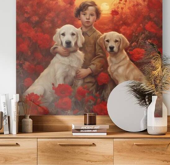  des enfants filettes et garçons  dans un champt de fleurs sauvage rouge avec un chien a golden hour Dali style by AIGALLERY