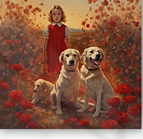  des enfants filettes et garçons  dans un champt de fleurs sauvage rouge avec un chien a golden hour Dali style by AIGALLERY