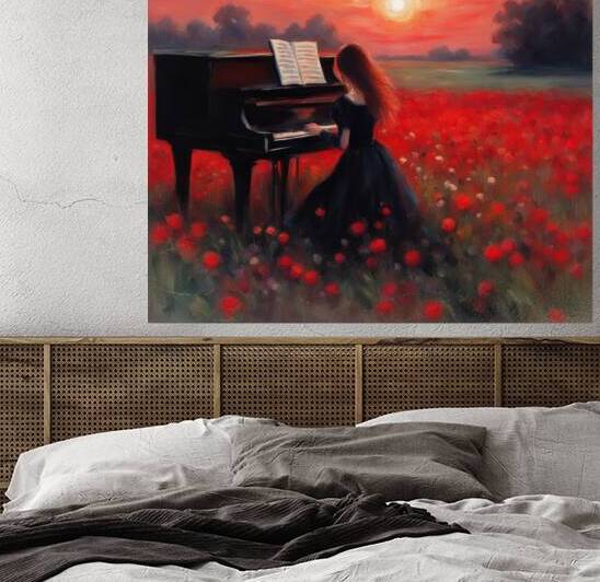 Jene fille cheveux noir pratiquant le piano  sur le bord dans un champ de fleurs sauvage  au coucher du soleil avec des fleurs rouge Impressionism style by AIGALLERY