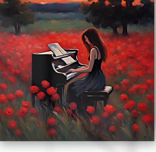 Jene fille cheveux noir pratiquant le piano  sur le bord dans un champ de fleurs sauvage  au coucher du soleil avec des fleurs rouge Impressionism style by AIGALLERY