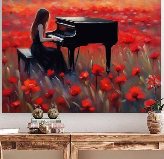 Jene fille cheveux noir pratiquant le piano  sur le bord dans un champ de fleurs sauvage  au coucher du soleil avec des fleurs rouge Impressionism style by AIGALLERY