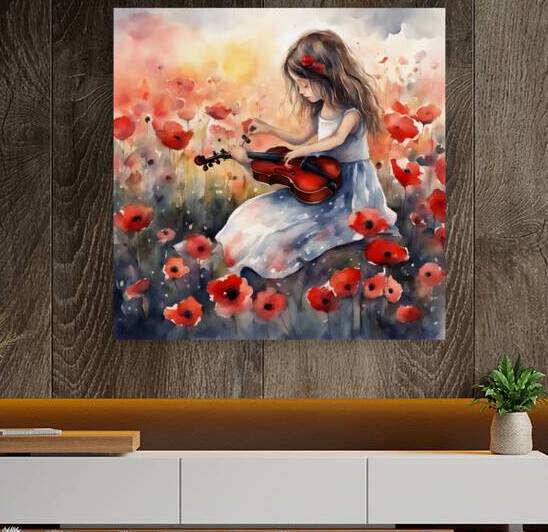 une jeune  fillette 10 ans cheveux10 ans noir pratiquant le piano  et une jeune fillette 7 ans cheveux noir paratiquant le violon  dans un champ de fleurs sauvage  au coucher du soleil avec des fleurs rouge Watercolor style by AIGALLERY