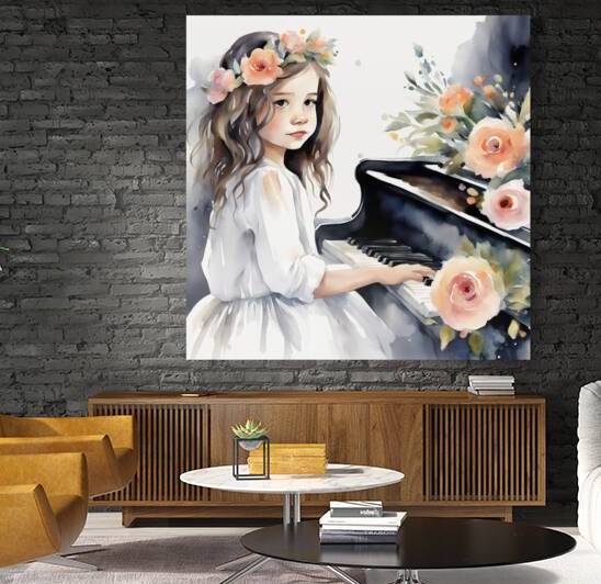 petite fille 10 ans cheveux noir avec robe blanche  jouant du piano avec bouquet de fleur sur le piano Watercolor style by AIGALLERY