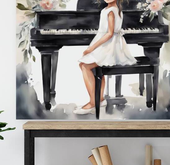 petite fille 10 ans cheveux noir avec robe blanche  jouant du piano avec bouquet de fleur sur le piano Watercolor style by AIGALLERY
