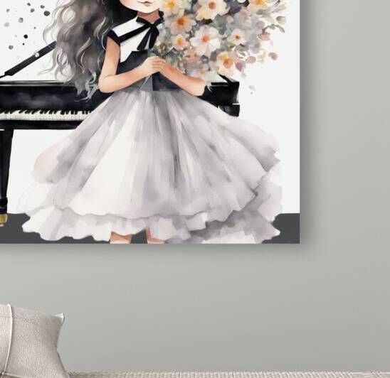 petite fille 10 ans cheveux noir avec robe blanche  jouant du piano avec bouquet de fleur sur le piano Watercolor style by AIGALLERY
