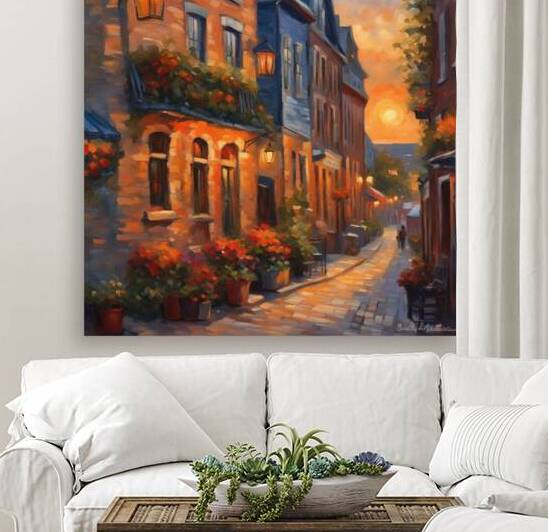  le vieux Québec avec des terrasses fleuri au coucher de soleil Impressionism style by AIGALLERY