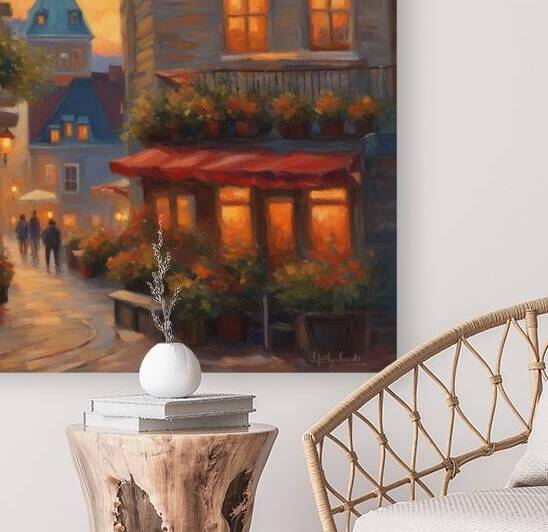  le vieux Québec avec des terrasses fleuri au coucher de soleil Impressionism style by AIGALLERY