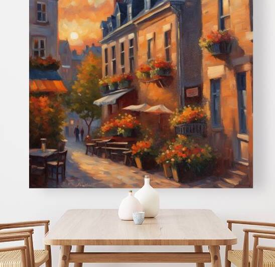  le vieux Québec avec des terrasses fleuri au coucher de soleil Impressionism style by AIGALLERY