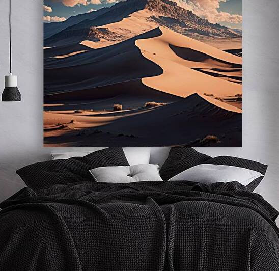 Breathtaking view of a desert landscape with towering sand dunes and a brilliant blue sky by Digital art
