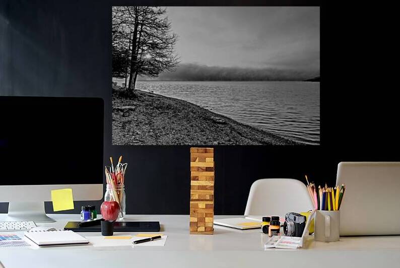 Foggy Morning Lake Shoreline Grayscale by Jennifer White