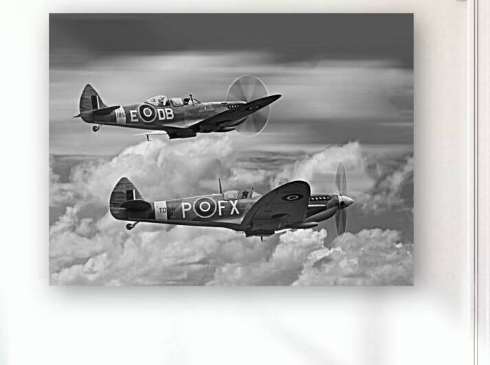 Spitfires Above The Clouds Black and White by Gill Billington