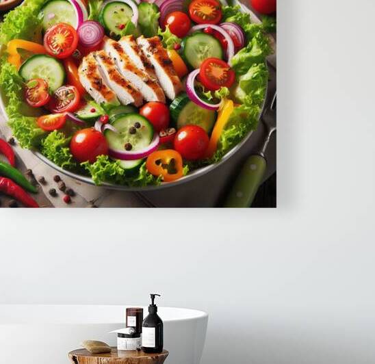 Chicken salad with tomato lettuce on wooden board by artvi