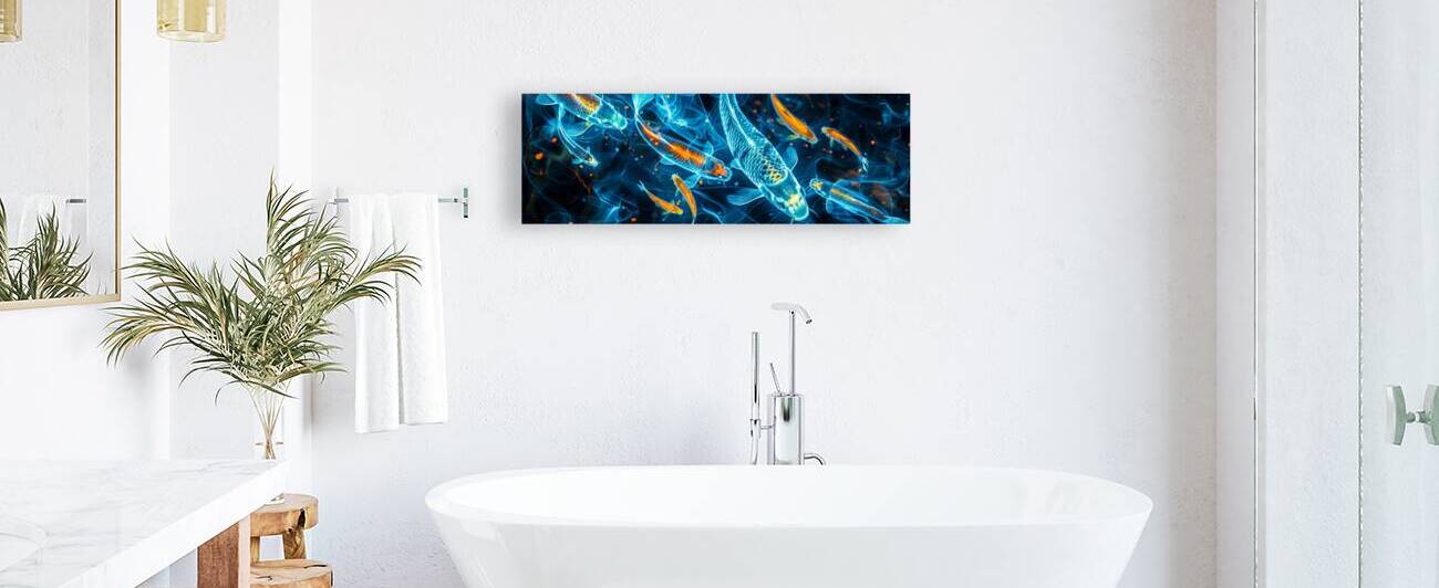 Vibrant neon koi fish in digital water by Gualtiero Boffi