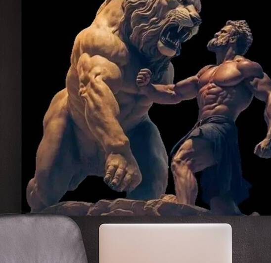 A hero fights a lion by matea Designs