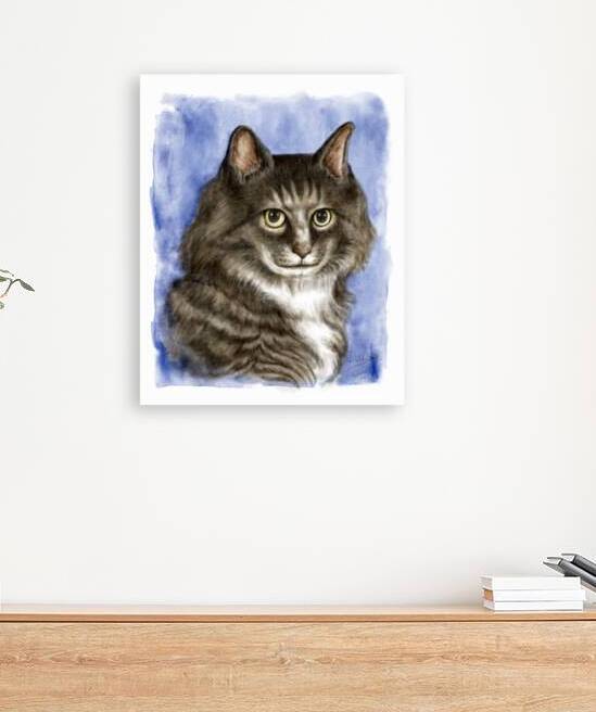 Long hair tabby cat portrait watercolor painting by Kevin Miller Photography