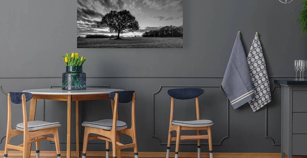 Autumn Oak Tree Sunset Pano Grayscale by Jennifer White