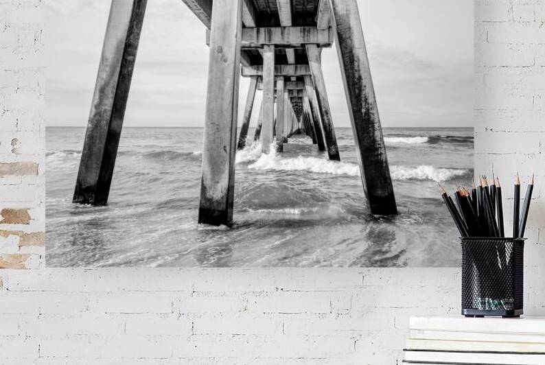 Navarre Pier Splashing Waves Grayscale by Jennifer White