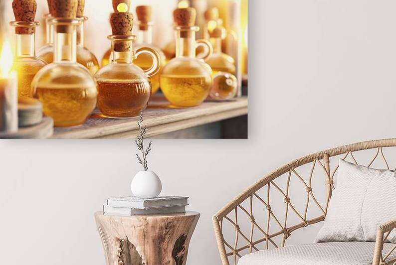 Several glass bottles with cork stoppers filled w by Romeu Hurmuzache