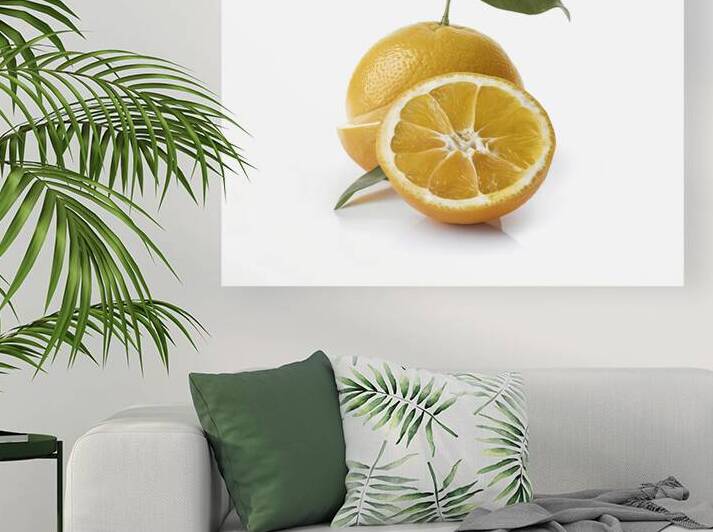 sliced orange fruit with leaves isolated on white by Romeu Hurmuzache