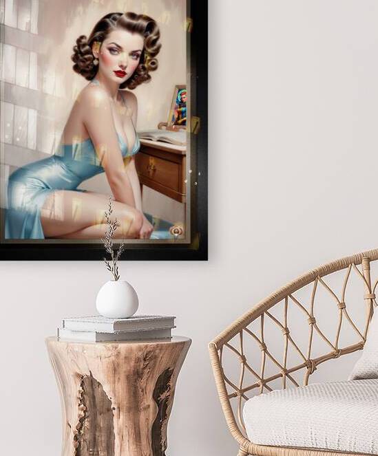 Elegant Pin-Up Girl Beauty In Satin Blue Attire Reading At Her Vanity Mesmerizing AI Concept Art by Xzendor7 by xzendor7