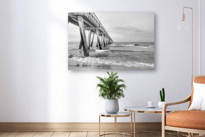 Morning Waves Beside Navarre Pier Grayscale by Jennifer White