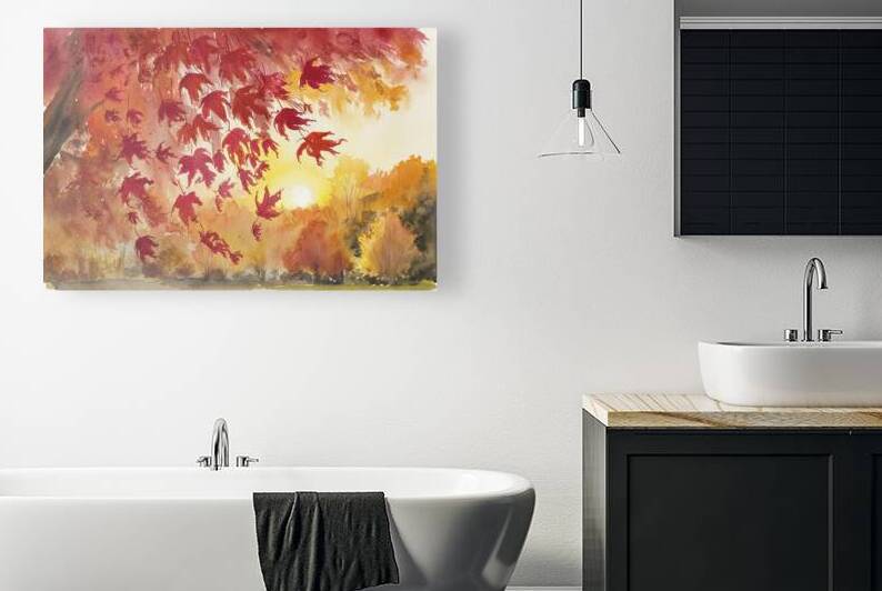 Watercolor drawing of falling red leaves in autum by Valentin Catargiu