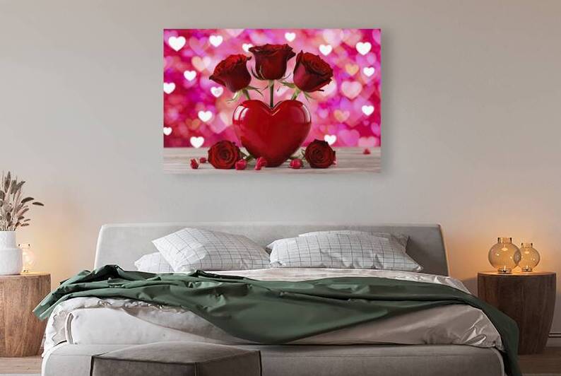 Close up three red roses in red vase shaped heart by Dumitru Vaetus