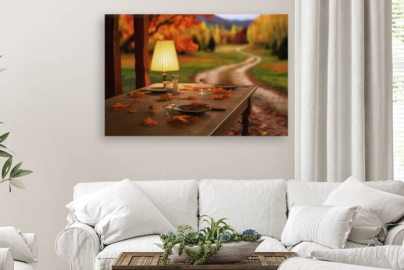 Wooden Table With Orange Leaves And Blurred Autum by Petre Popescu